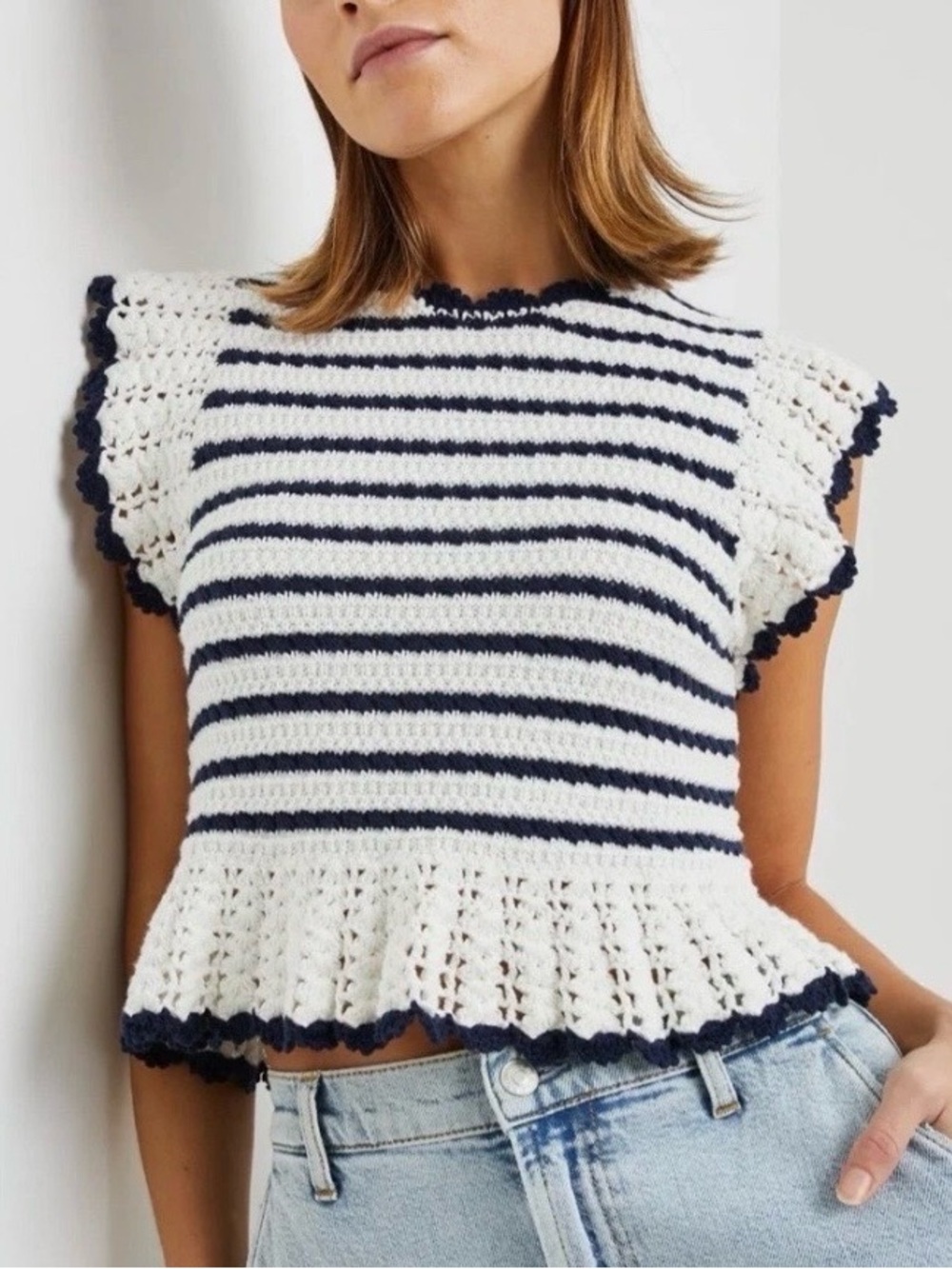 Rails Womens Coen Anadia Striped Crochet Ruffle Knit Top XL Blue Ivory